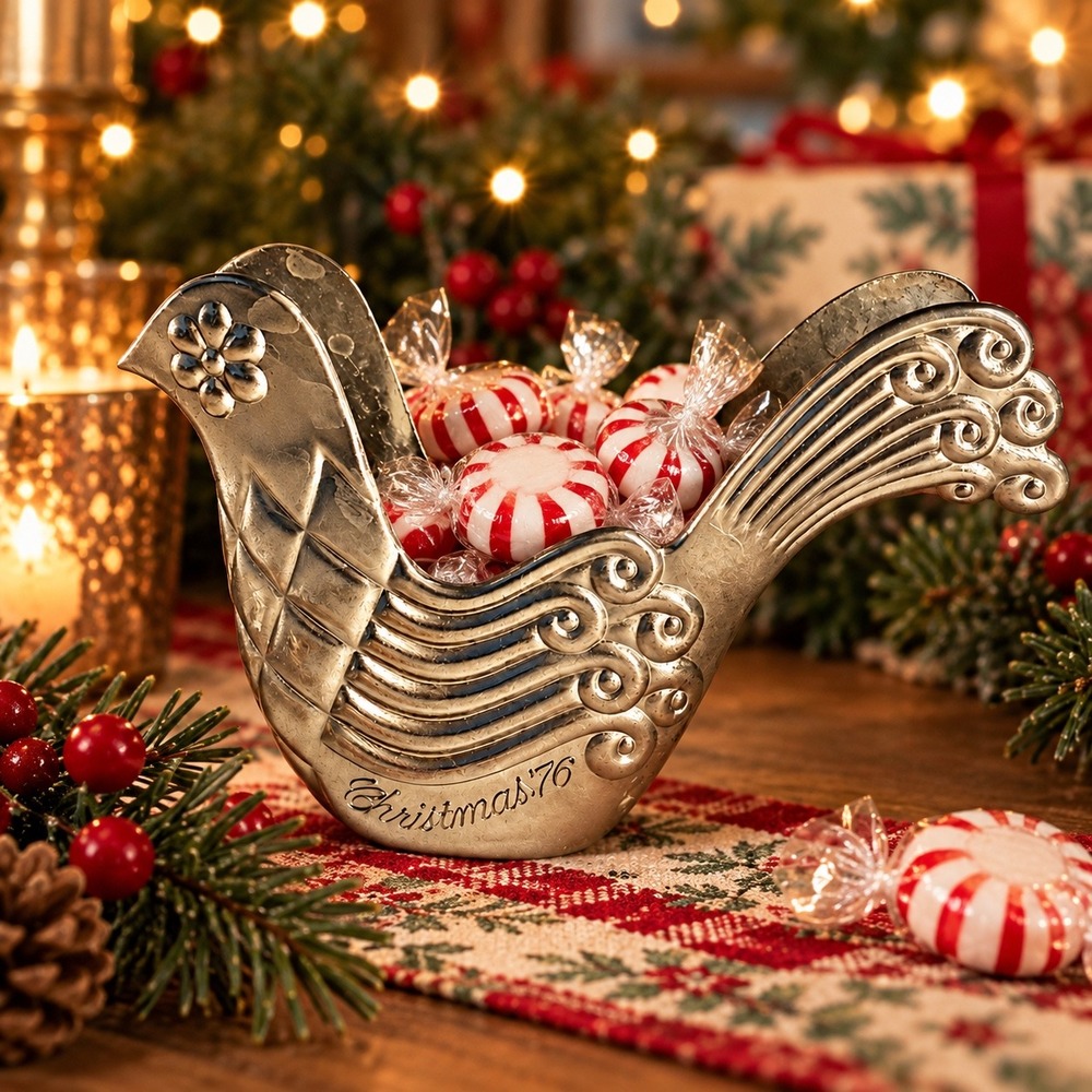 Avon Christmas '76 Silver Tone Bird Holder Candy Dish Holiday Decor Vintage